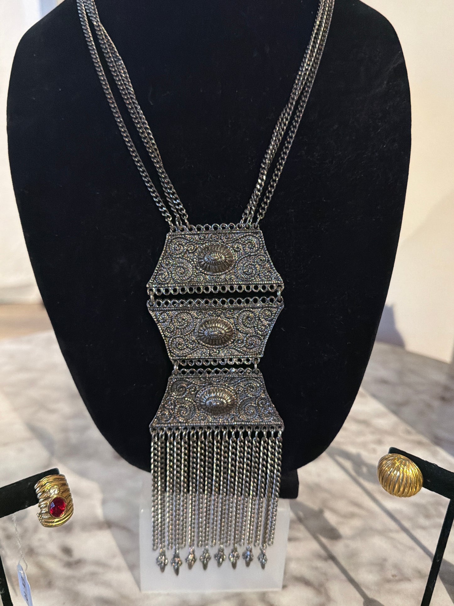 SILVER TONE ETRUSCAN REVIVAL TASSEL NECKLACE
