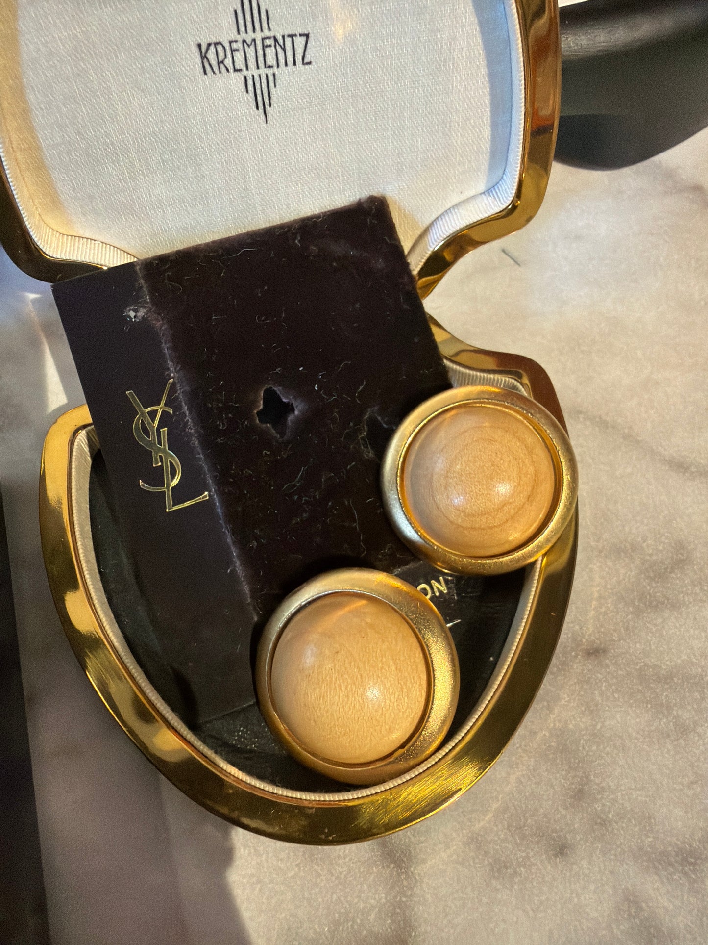 YSL BEIGE CABACHON CLIP ON EARRINGS