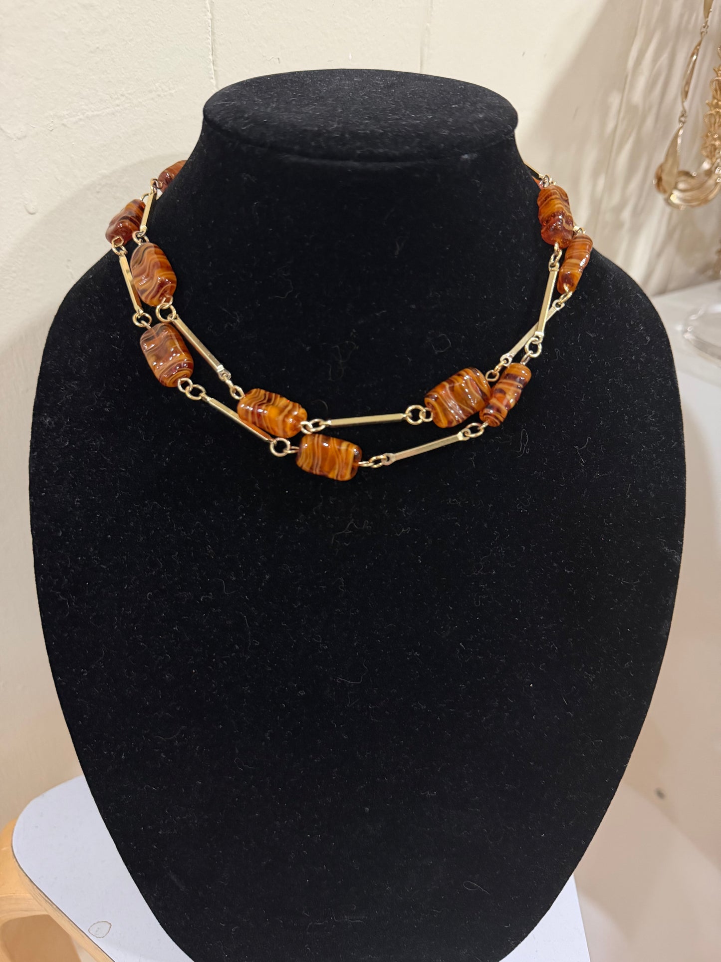 FAUX TIGER'S EYE GLASS LONG NECKLACE