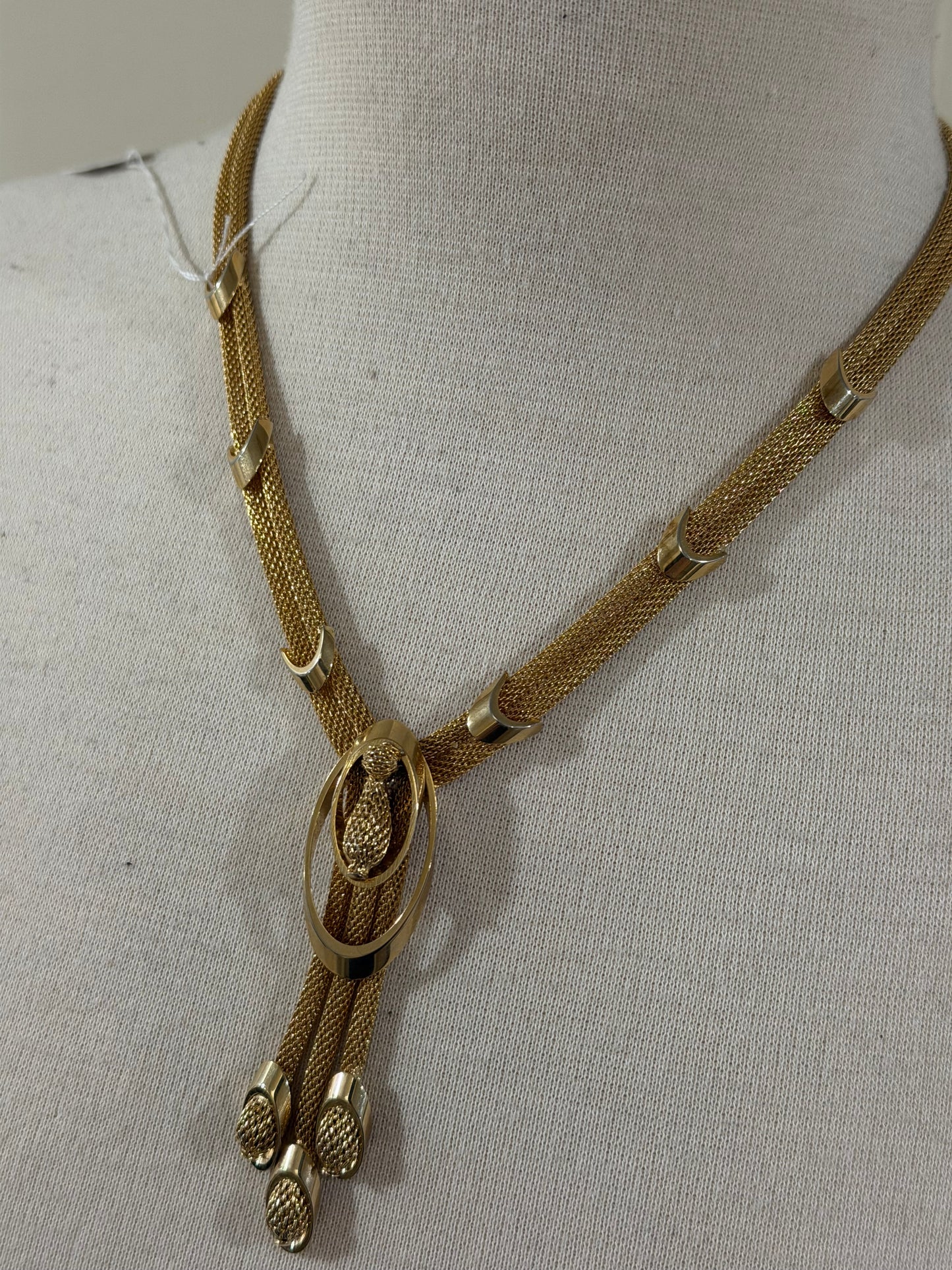 MID CENTURY KRAMER GOLD MESH BOLO TASSEL NECKLACE
