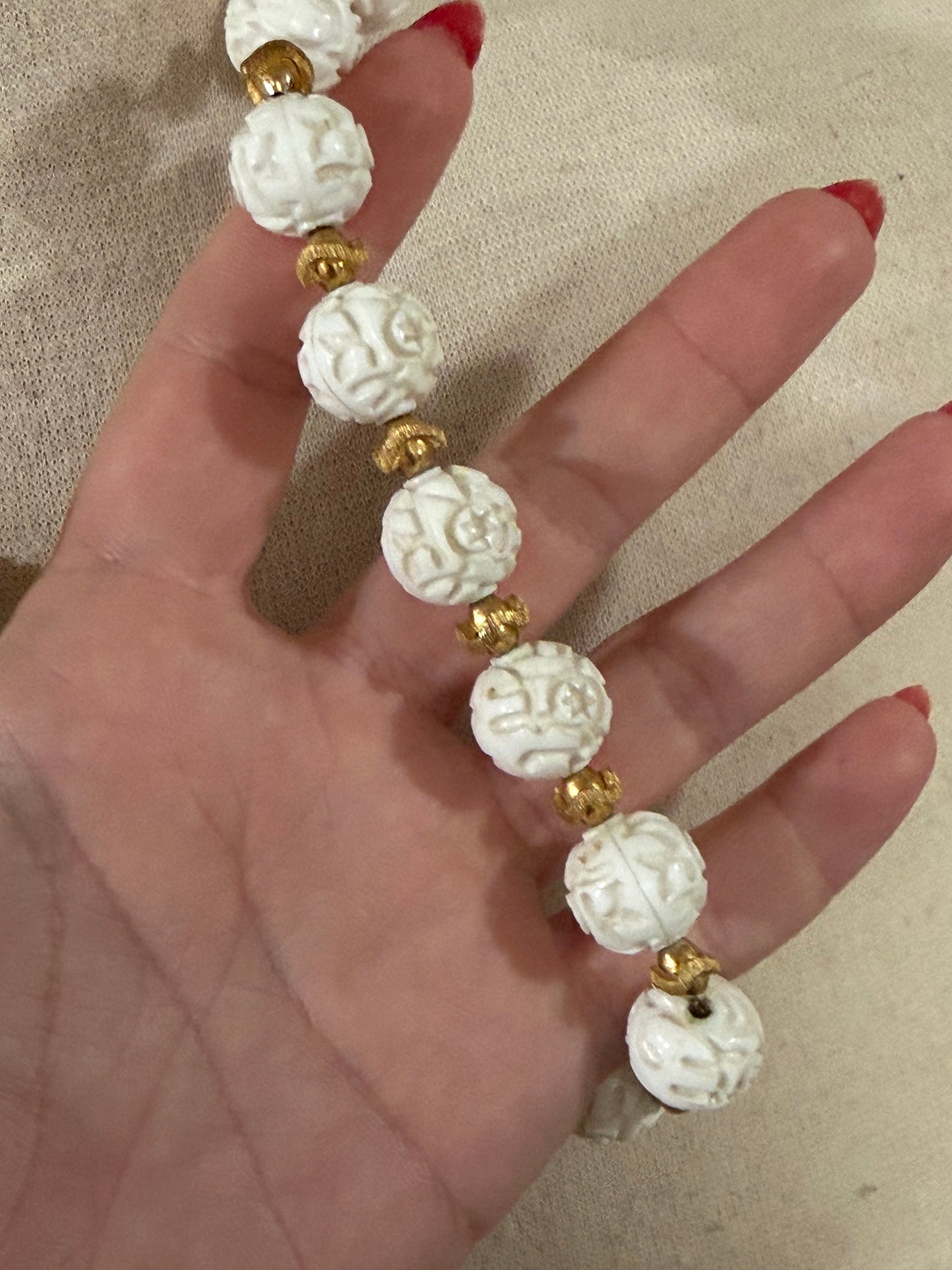 MONET WHITE CARVED PLASTIC BAUBLE LONG NECKLACE
