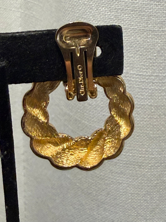 DIOR RHINESTONE AND TEXTURED GOLD TONE DOORKNOCKER CLIP ON EARRINGS