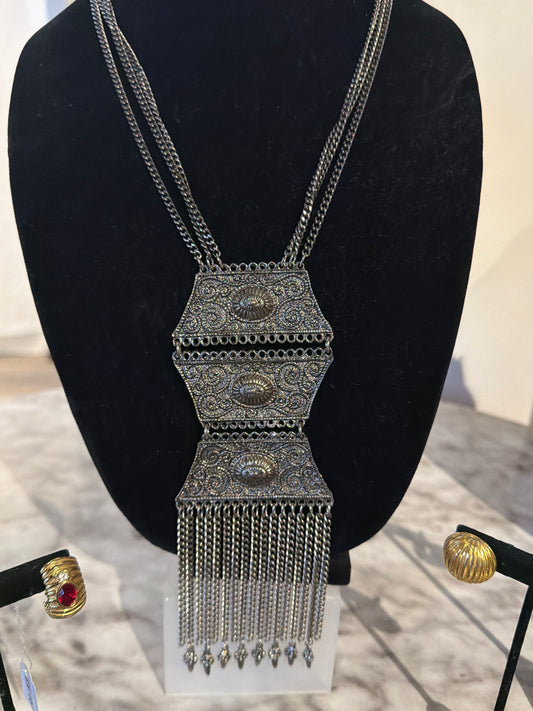 SILVER TONE ETRUSCAN REVIVAL TASSEL NECKLACE
