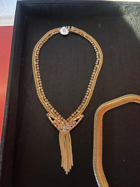 MID CENTURY GOLD AND RHINESTONE TASSEL NECKLACE