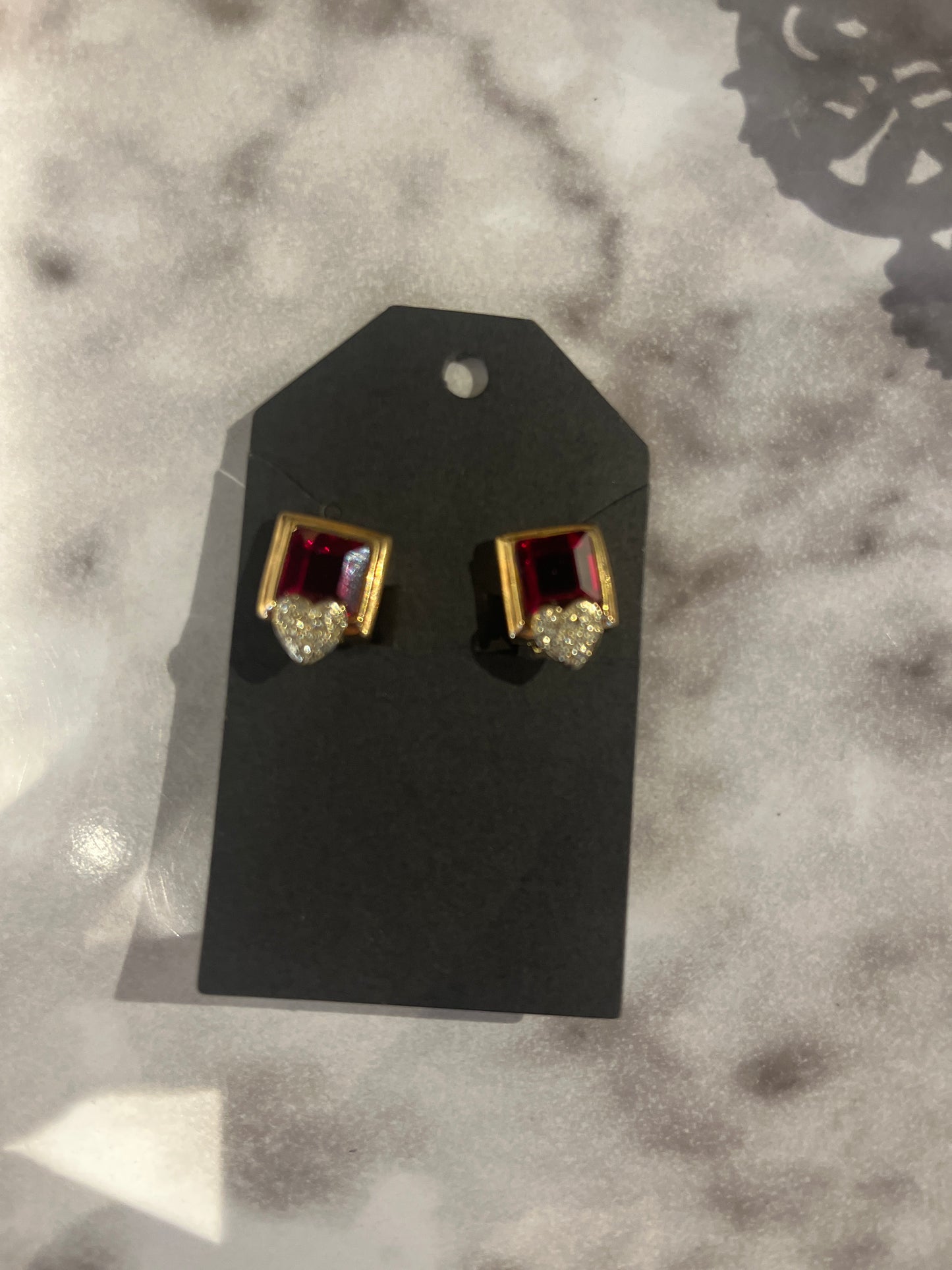 Faux Ruby & Rhinestone Heart Clip Earrings