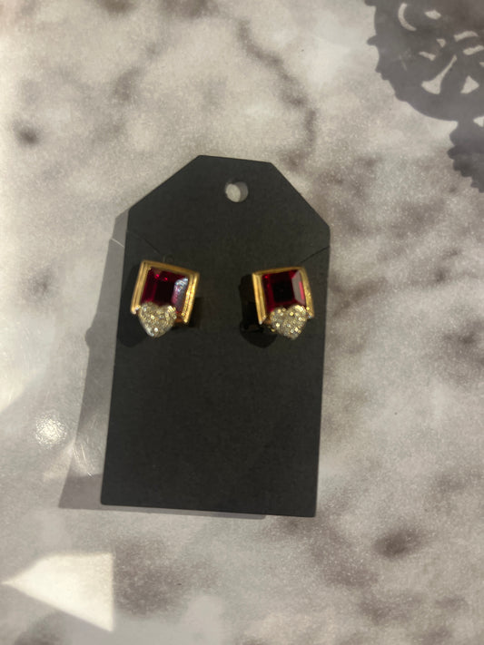 Faux Ruby & Rhinestone Heart Clip Earrings