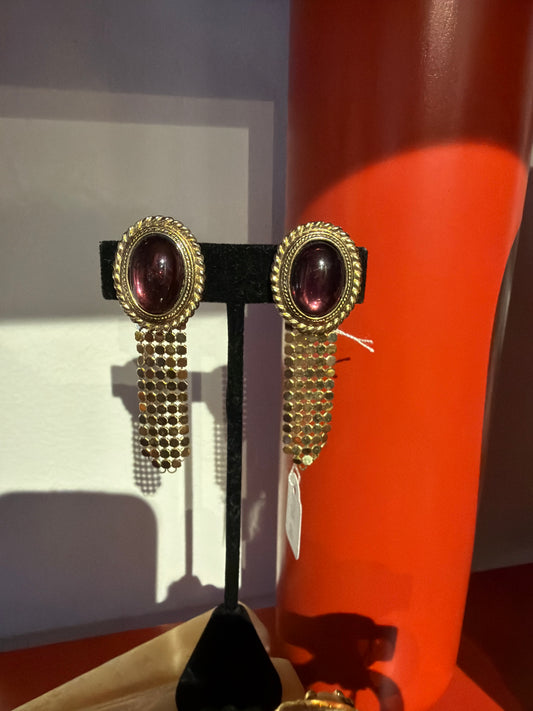 WHITING AND DAVIS PURPLE CABACHON AND METAL MESH CLIP ON EARRINGS