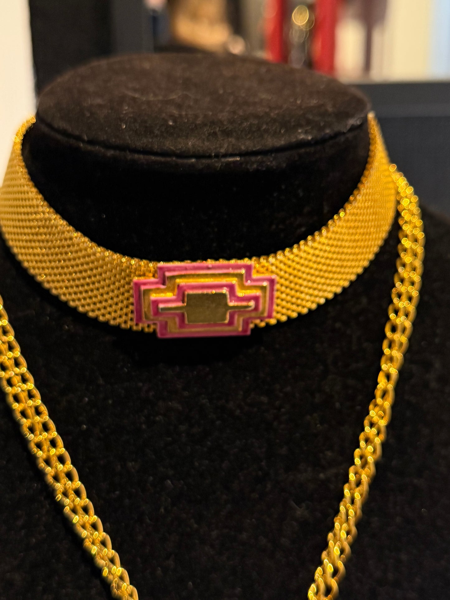 PINK AND COLD STACKED CROSS METAL MESH CHOKER NECKLACE