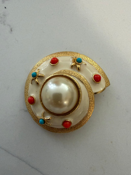 CRAFT WHITE, CORAL, TURQUIOISE ENAMEL SHELL WITH FAUX PEARL BROOCH