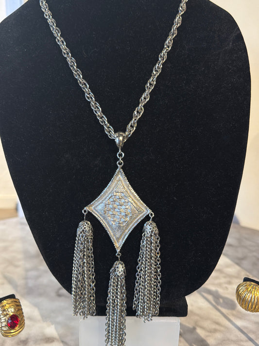 SILVER TONE TRIPLE TASSEL NECKLACE