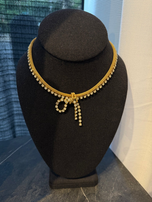 MID CENTURY METAL MESH AND RHINESTONE COLLAR NECKLACE