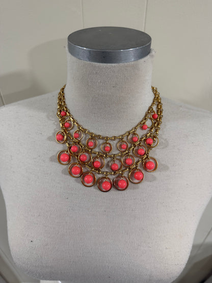 MID CENTURY CAPRI CORAL AND GOLD TIERED BAUBLE ADJUSTABLE NECKLACE