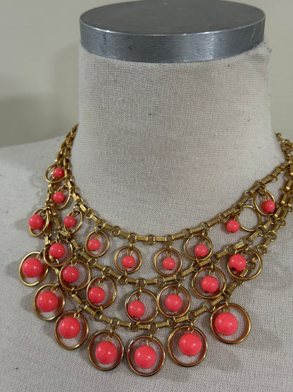 MID CENTURY CAPRI CORAL AND GOLD TIERED BAUBLE ADJUSTABLE NECKLACE