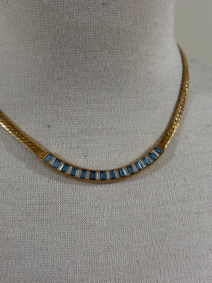 UNSIGNED BLUE AND CLEAR BAGUETTE RHINESTONE HERRINGBONE NECKLACE
