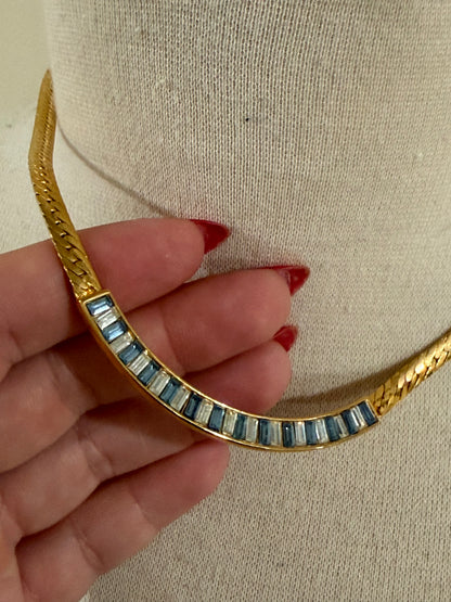 UNSIGNED BLUE AND CLEAR BAGUETTE RHINESTONE HERRINGBONE NECKLACE