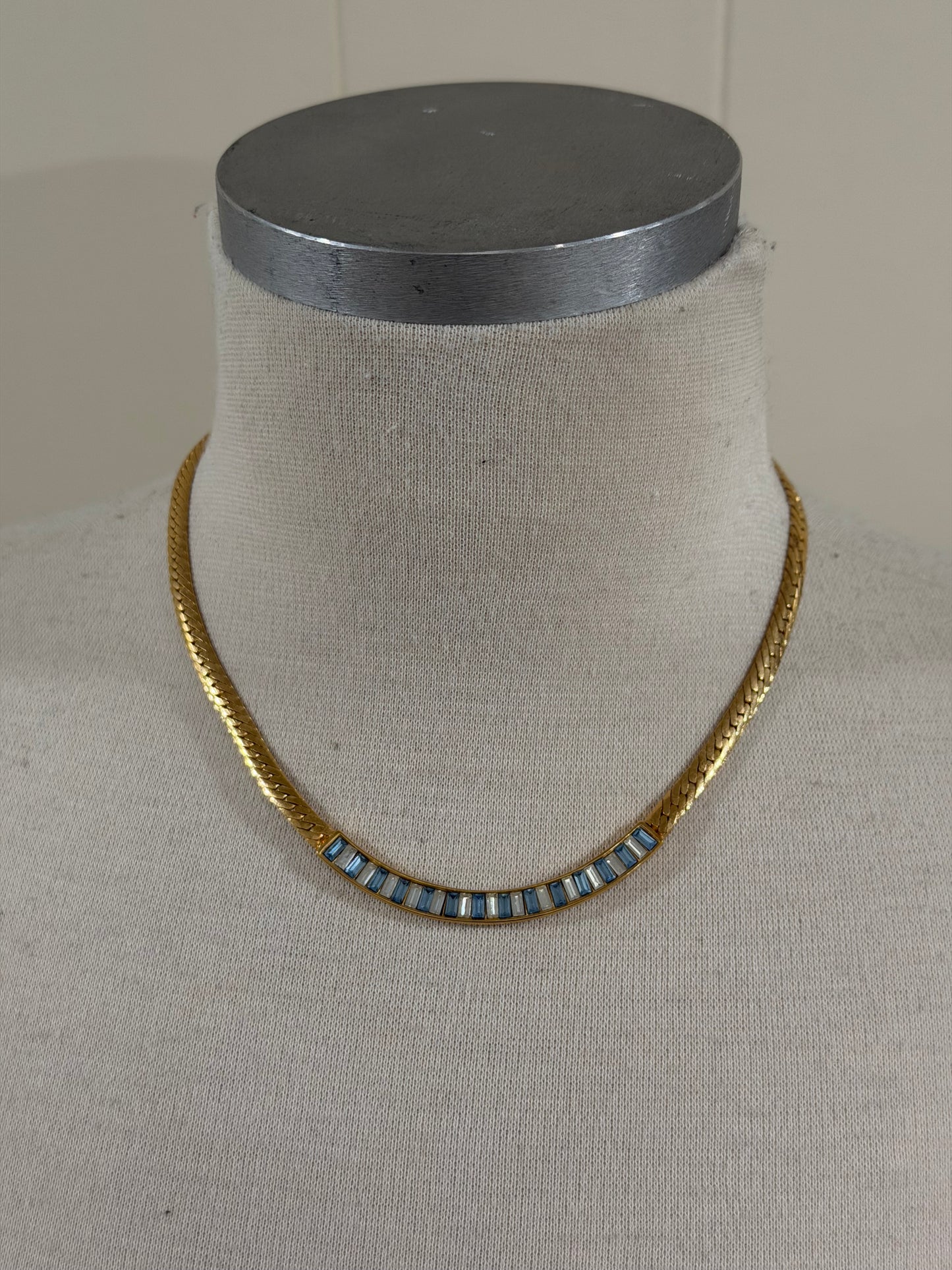UNSIGNED BLUE AND CLEAR BAGUETTE RHINESTONE HERRINGBONE NECKLACE