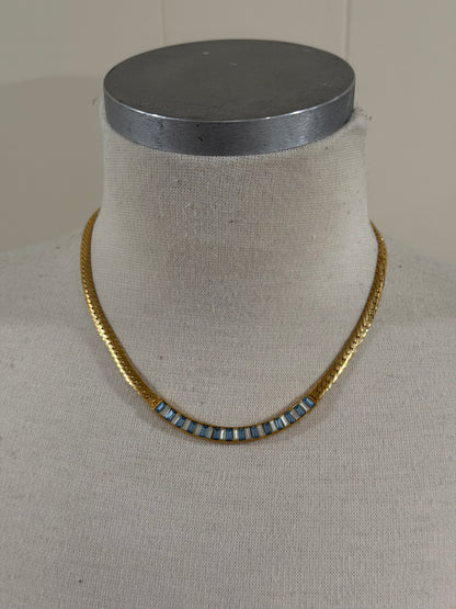 UNSIGNED BLUE AND CLEAR BAGUETTE RHINESTONE HERRINGBONE NECKLACE