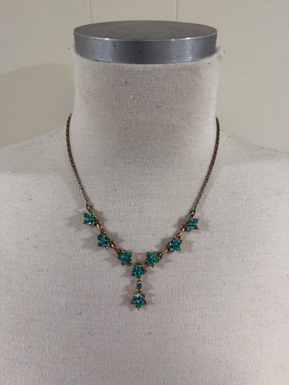 UNSIGNED AQUAMARINE FLORAL RHINESTONE DROP NECKLACE