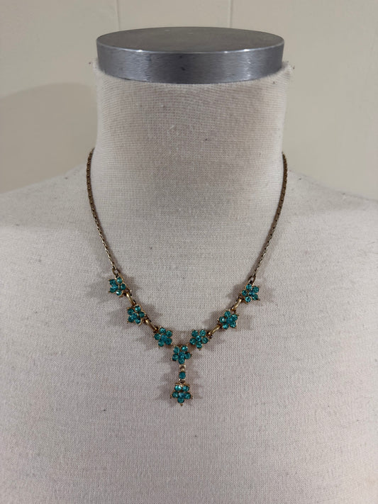 UNSIGNED AQUAMARINE FLORAL RHINESTONE DROP NECKLACE