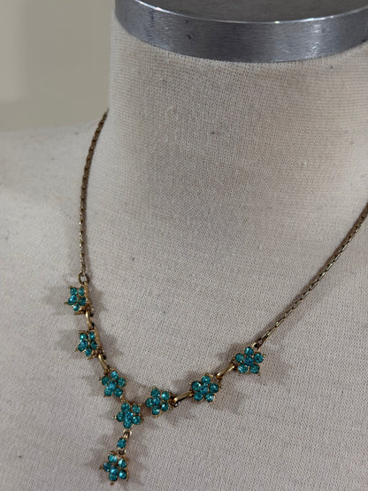 UNSIGNED AQUAMARINE FLORAL RHINESTONE DROP NECKLACE