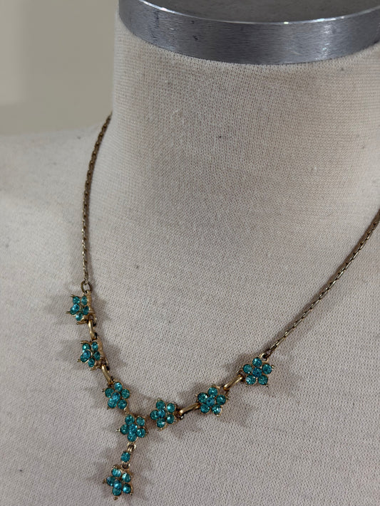 UNSIGNED AQUAMARINE FLORAL RHINESTONE DROP NECKLACE