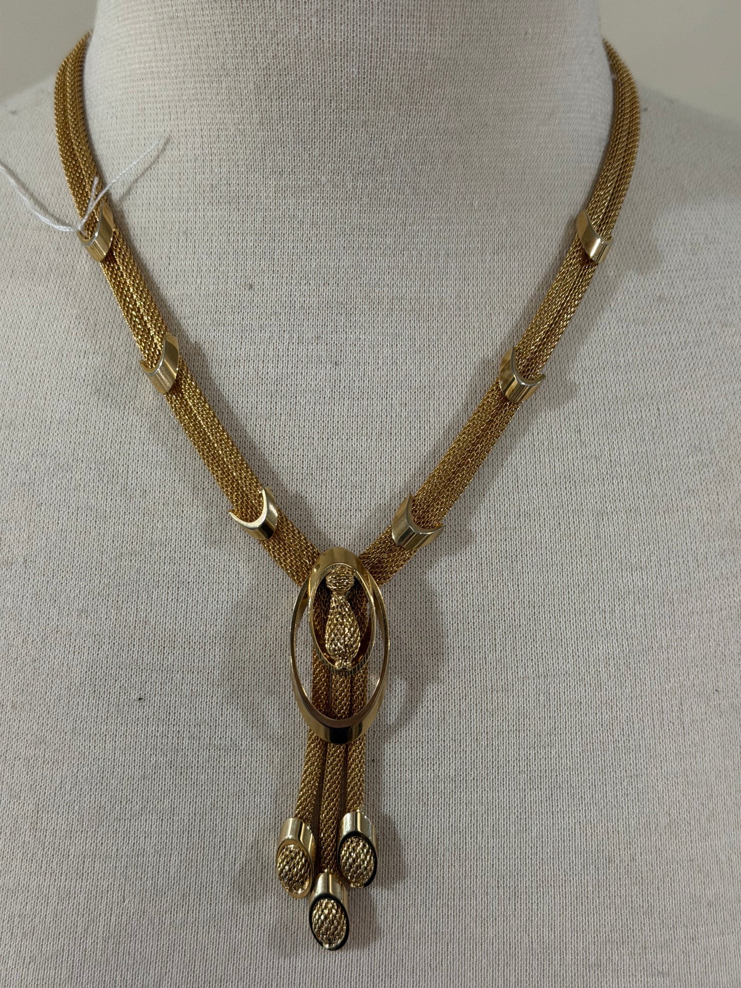 MID CENTURY KRAMER GOLD MESH BOLO TASSEL NECKLACE
