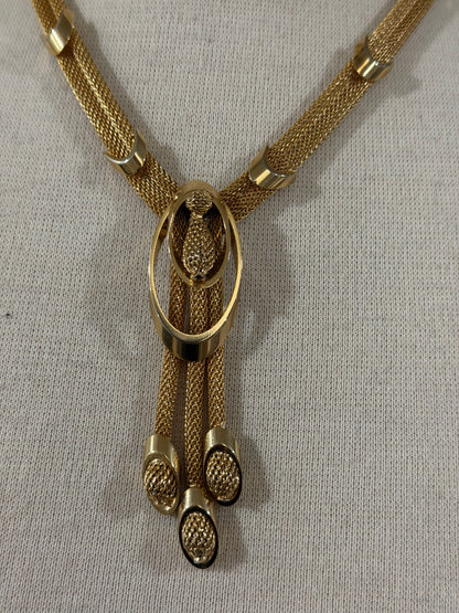 MID CENTURY KRAMER GOLD MESH BOLO TASSEL NECKLACE