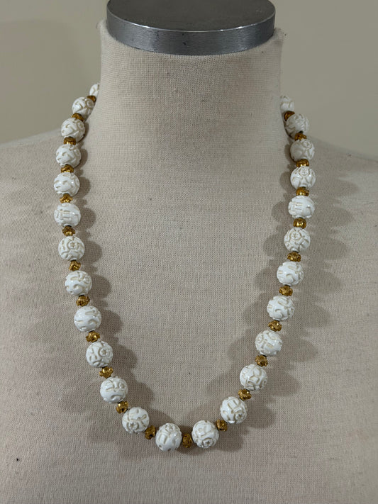 MONET WHITE CARVED PLASTIC BAUBLE LONG NECKLACE