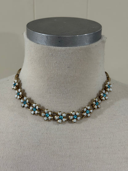 CORO WHITE ENAMEL AND BLUE RHINESTONE FLOWER COLLAR NECKLACE