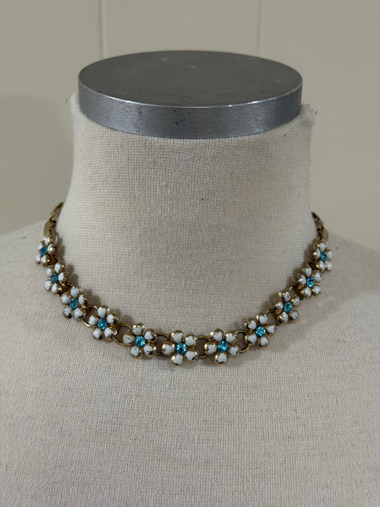 CORO WHITE ENAMEL AND BLUE RHINESTONE FLOWER COLLAR NECKLACE