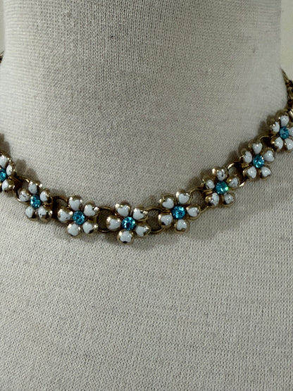 CORO WHITE ENAMEL AND BLUE RHINESTONE FLOWER COLLAR NECKLACE