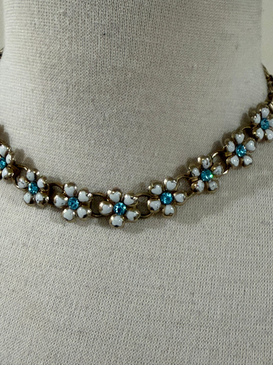 CORO WHITE ENAMEL AND BLUE RHINESTONE FLOWER COLLAR NECKLACE