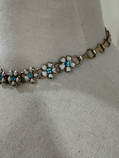 CORO WHITE ENAMEL AND BLUE RHINESTONE FLOWER COLLAR NECKLACE