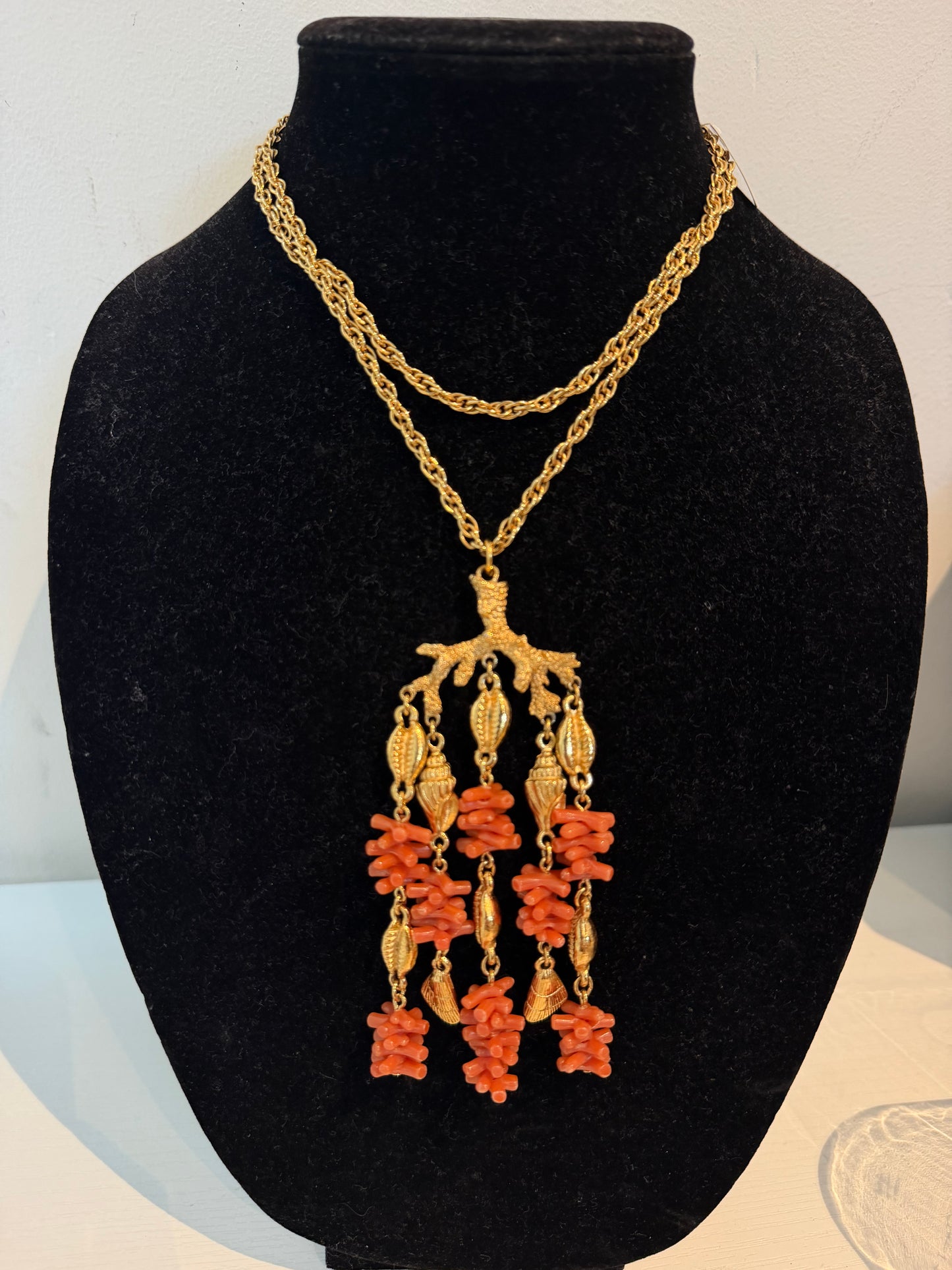 TRIFARI SHELL AND FAUX CORAL PENDANT NECKLACE