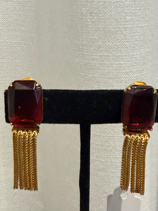 RED CUT GLASS AND FRINGE CLIP ON EARRINGS
