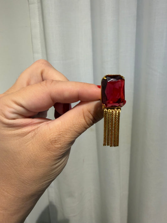 RED CUT GLASS AND FRINGE CLIP ON EARRINGS