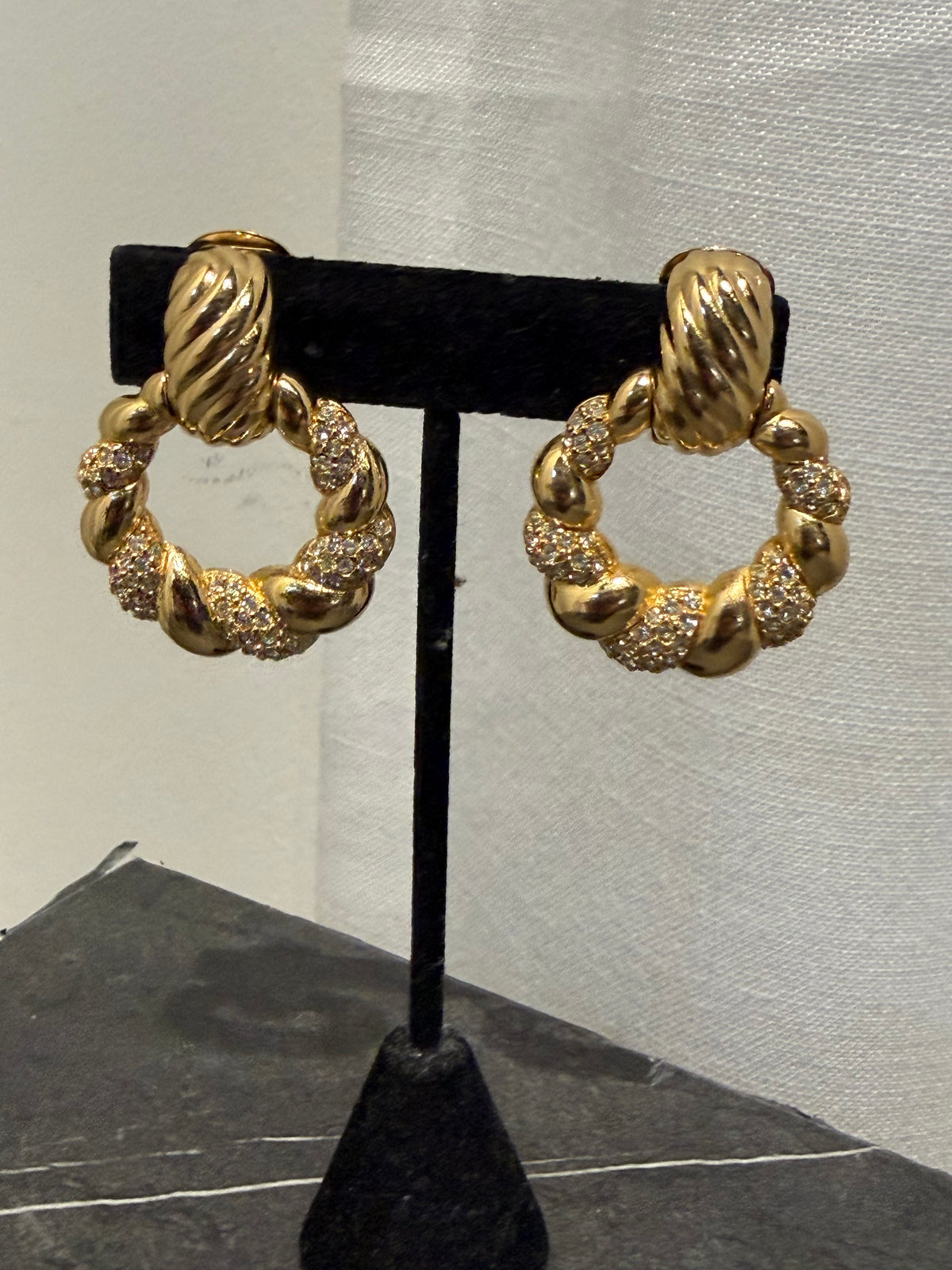 DIOR RHINESTONE AND TEXTURED GOLD TONE DOORKNOCKER CLIP ON EARRINGS