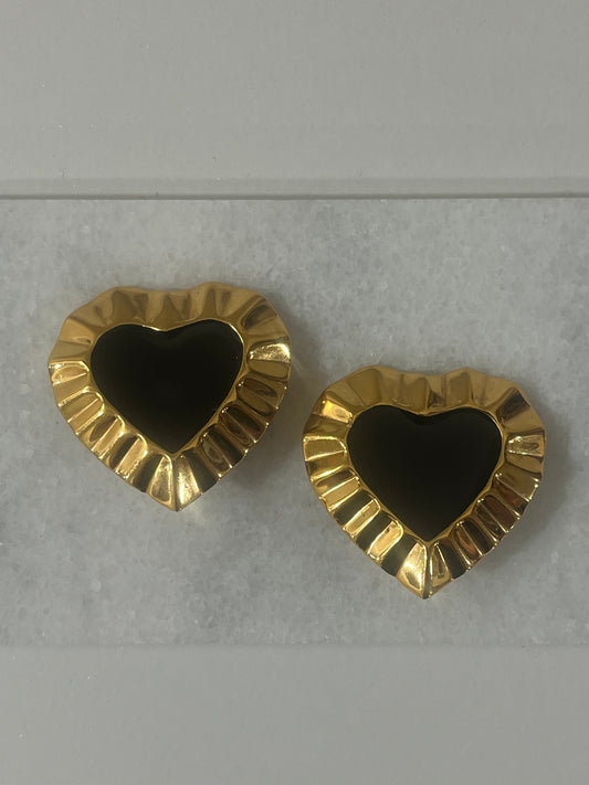 ST. JOHNS OVERSIZE BLACK AND GOLD HEART CLIP ON EARRINGS