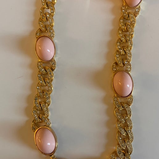 90s Pink Cabochon and Rhinestone Chunky Link Necklace