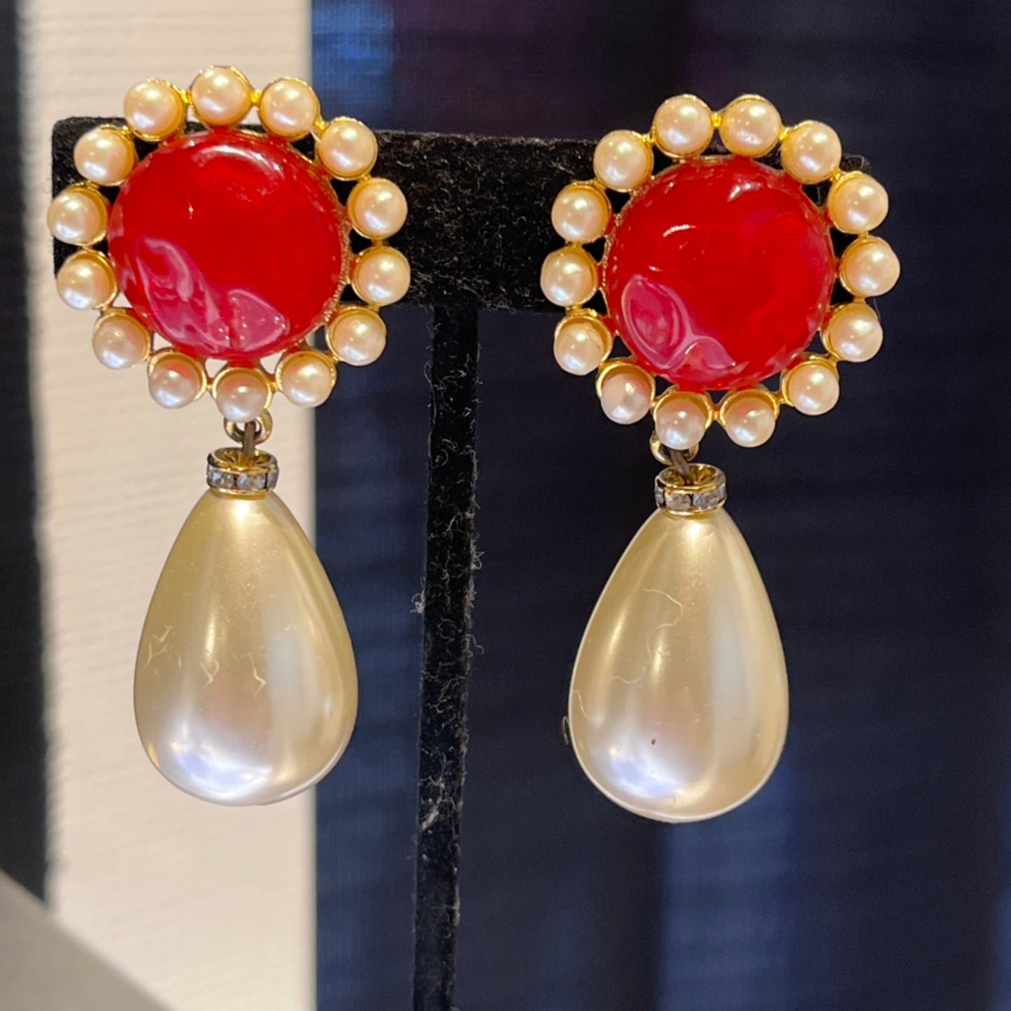 Faux Pearl and Red Grippix Earrings