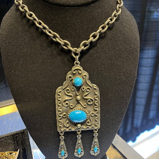 Florenza Silver & Faux Turqoise Cabochon Necklace